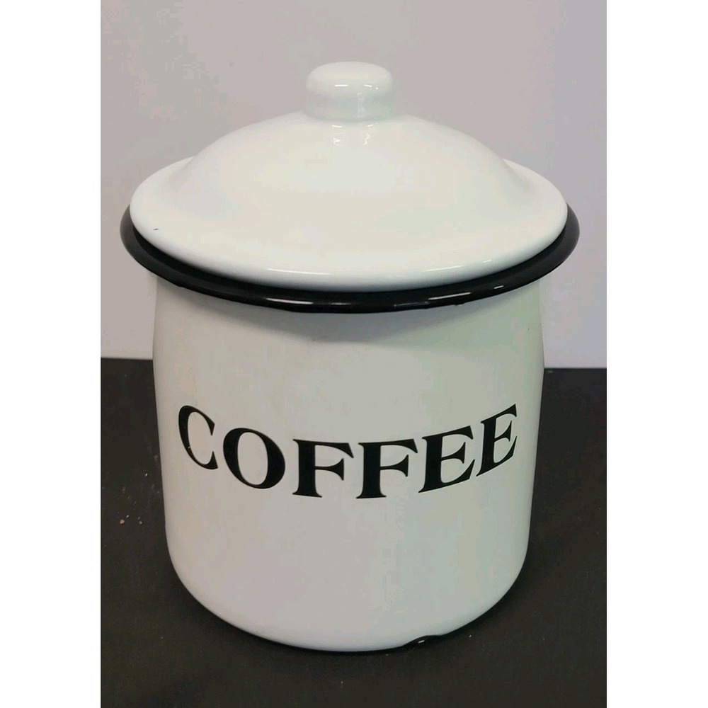 Vintage Metal Coffee Canister Farmhouse Kitchen Décor  White Enameled Storage